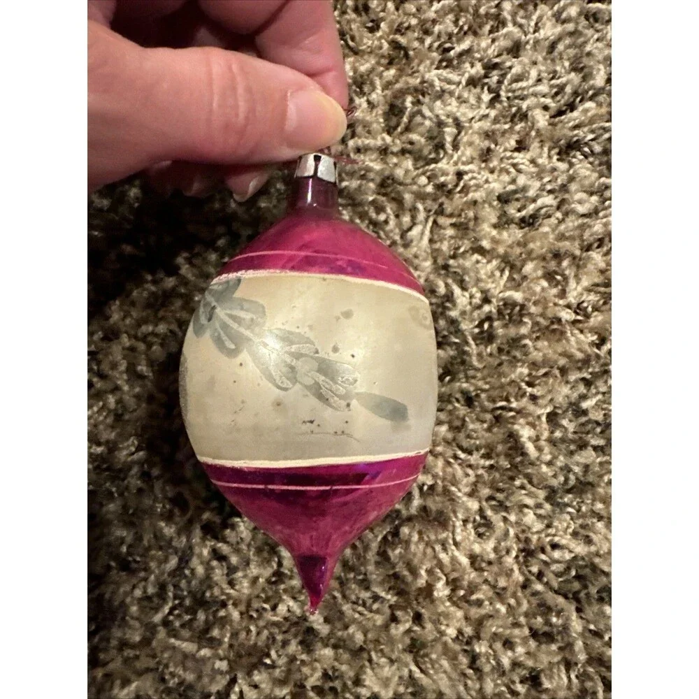 Antique Pink Teardrop Indent Christmas Ornament Poland Branch Pinecone Scene